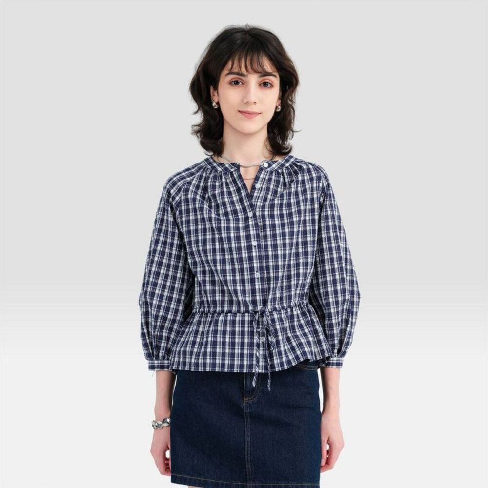 Women's Puff 3/4 Sleeve Peplum Blouse - Universal Thread Navy/White Plaid M